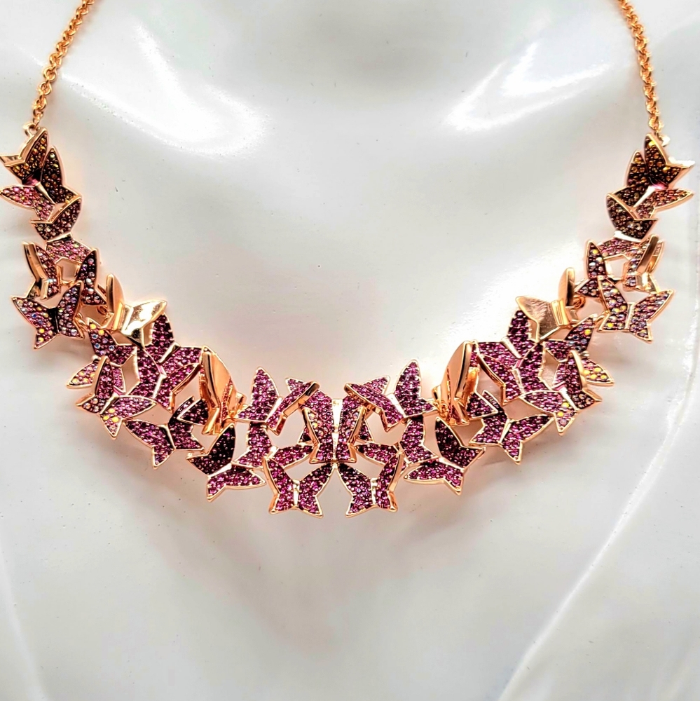 Swarovski Crystal Pink + Aurora Borealis 3d Origami Butterfly Necklace in Rose